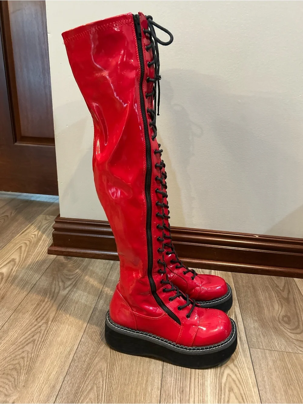 Demonia Emily-375 Red Patent Knee High Platform Lace Up Boots Womens 12